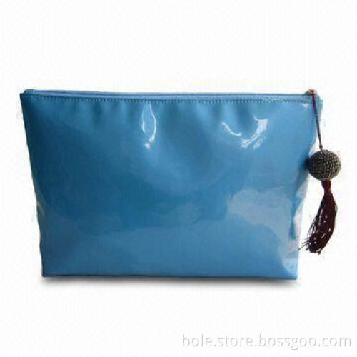PVC Cosmetic Bags in Pearlized Vinyl, with Bead Pendant and Fringe Decoration
